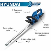 Hyundai HY2188 20V MAX Cordless Hedge Trimmer - 2Ah Li-Ion Battery + charger